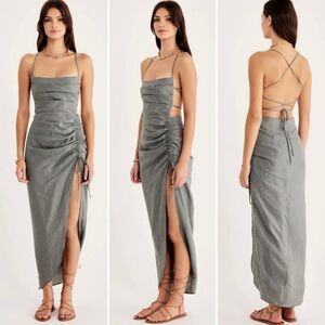 Rumer the Label LouLou Ruched Lace-Up Open Back Linen Maxi Dress Fern Size Small